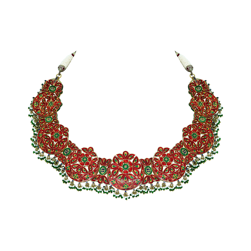 Crescent Polki Necklace Set with Red Talaf, Emeralds, and Pearls